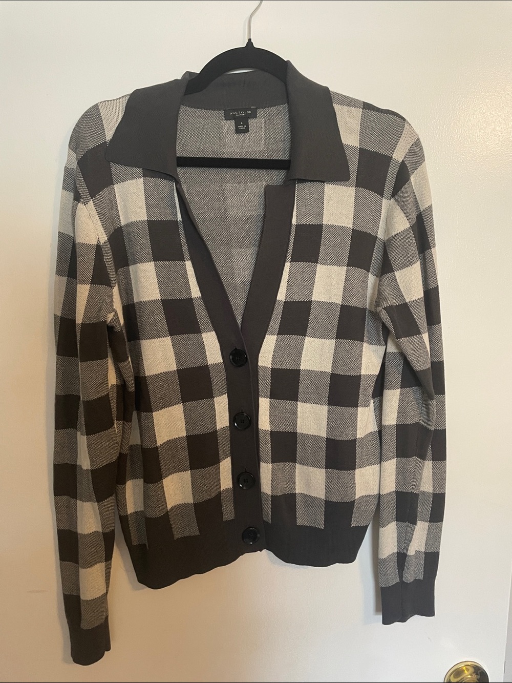 Talbots Gray and Cream Buffalo-Check Collared Button Cardigan